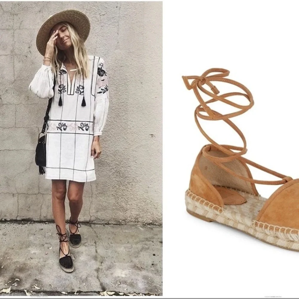 FRYE Women's Leo Two-Piece Espadrille Suede Flat Sandal Sand Tan Ankle Lace Boho